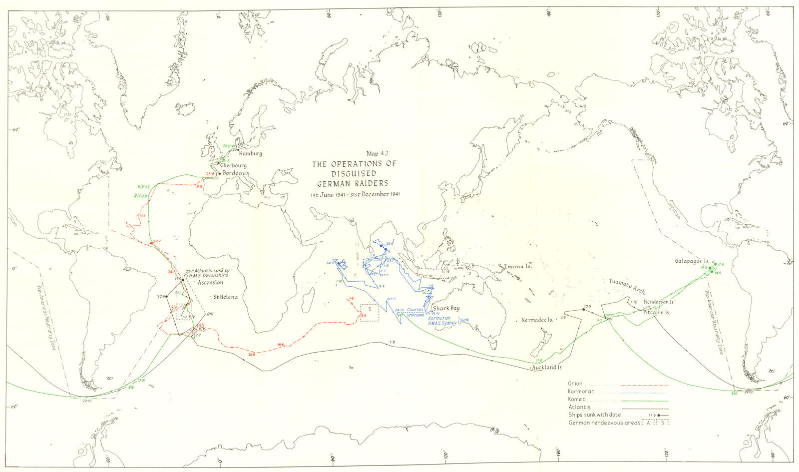 OCEAN WARFARE. Operations of disguised German Raiders, June-Dec 1941 1954 map